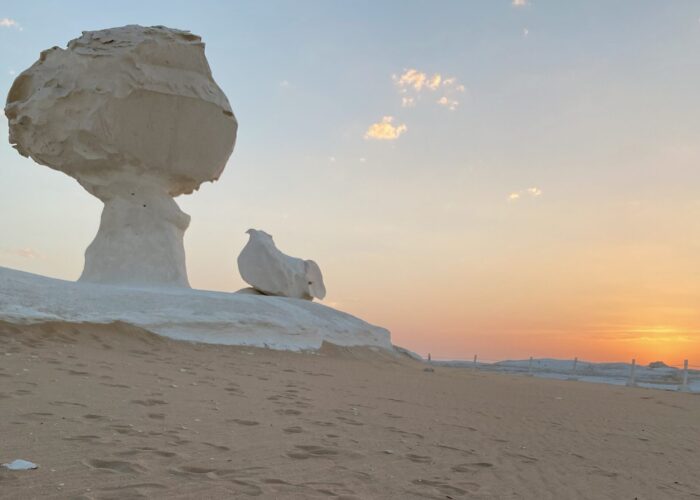 Mushroom-shaped rock formations in the White Desert, dramatically lit by the setting