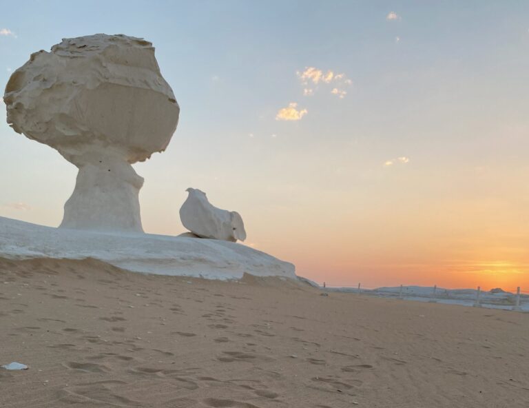 Mushroom-shaped rock formations in the White Desert, dramatically lit by the setting