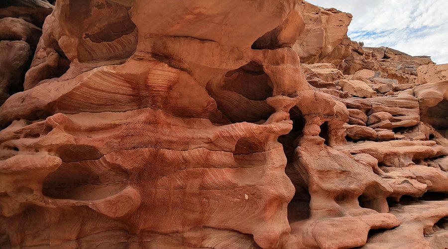 Strette pareti di arenaria erose, che mostrano vivaci strati di colori naturali come rosso, giallo e viola, all'interno del Canyon Colorato nel Sinai