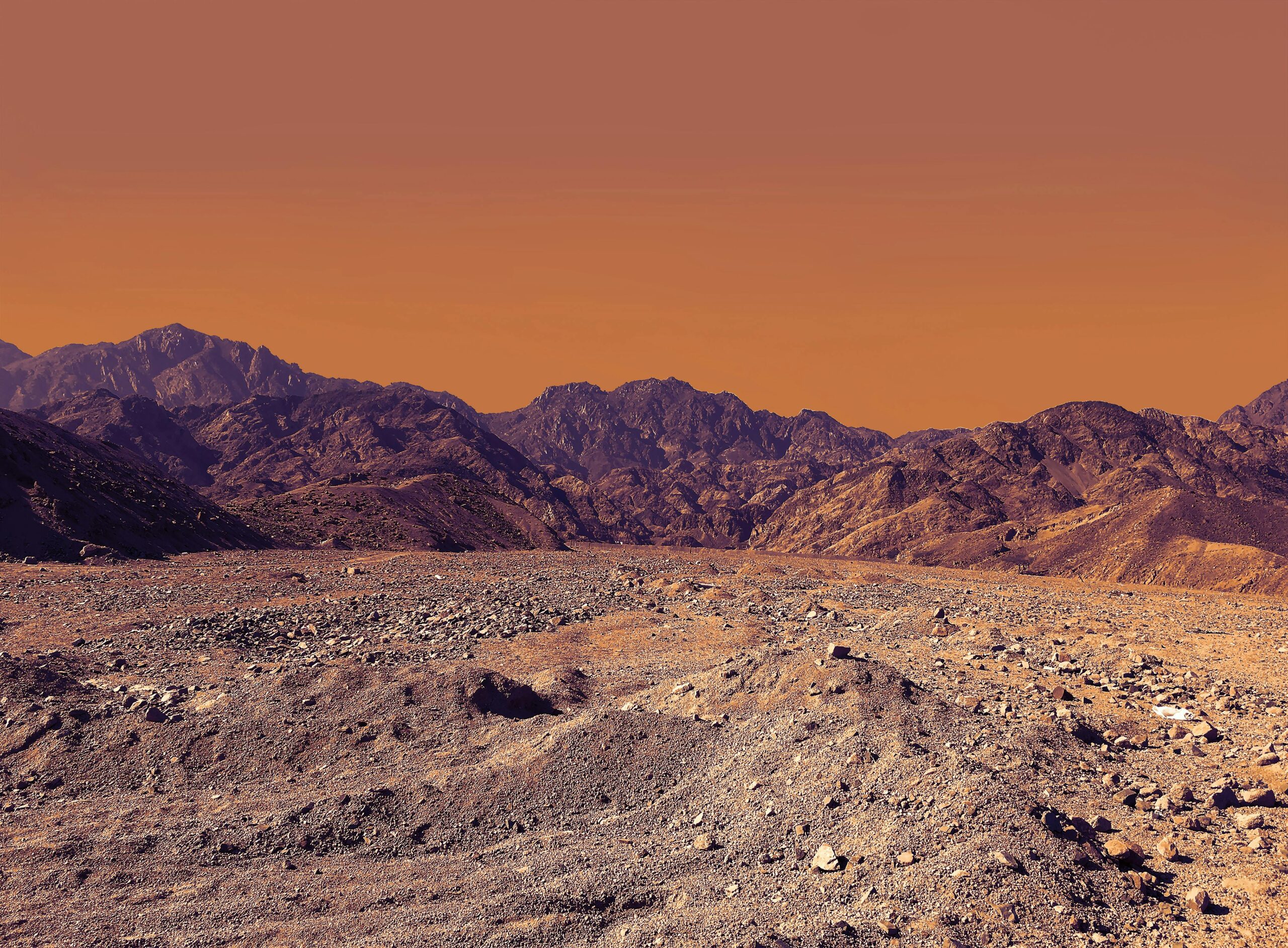 Vasta distesa del deserto del Sinai con imponenti montagne rocciose che si ergono all'orizzonte, sotto un cielo ampio
